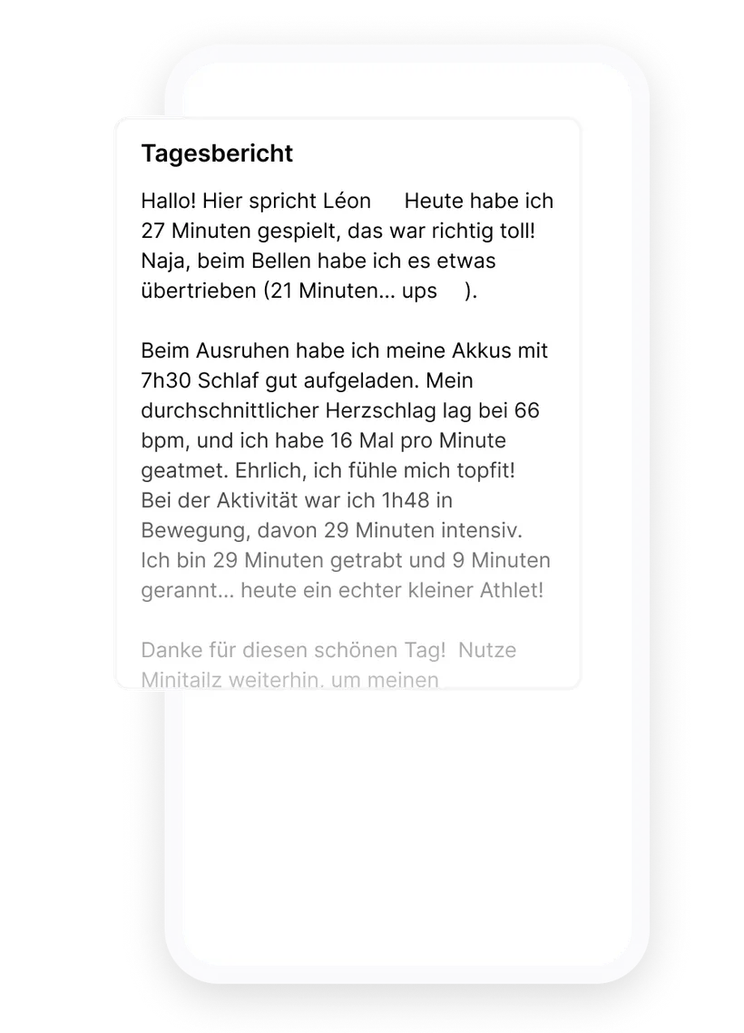 Screenshot des Tagesberichts in der Biotracker App für Hunde: eine KI-Zusammenfassung in der Ich-Form über Spiel, Schlaf, Herzfrequenz und Aktivität des Hundes.