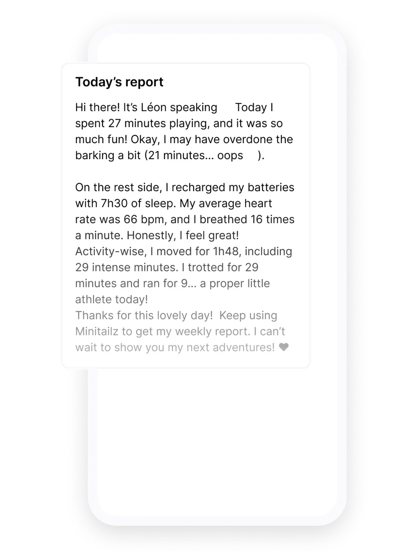Screenshot of the daily report in the Biotracker app for dogs: an AI summary written in the dog's own voice, covering their play, sleep, heart rate and activity.