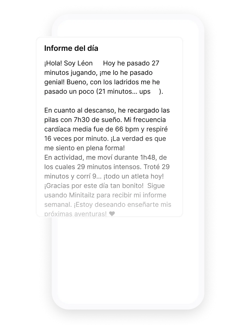 Captura de pantalla del informe diario de la app Biotracker para perros: un resumen escrito por IA en primera persona con el juego, el sueño, la frecuencia cardíaca y la actividad del perro.