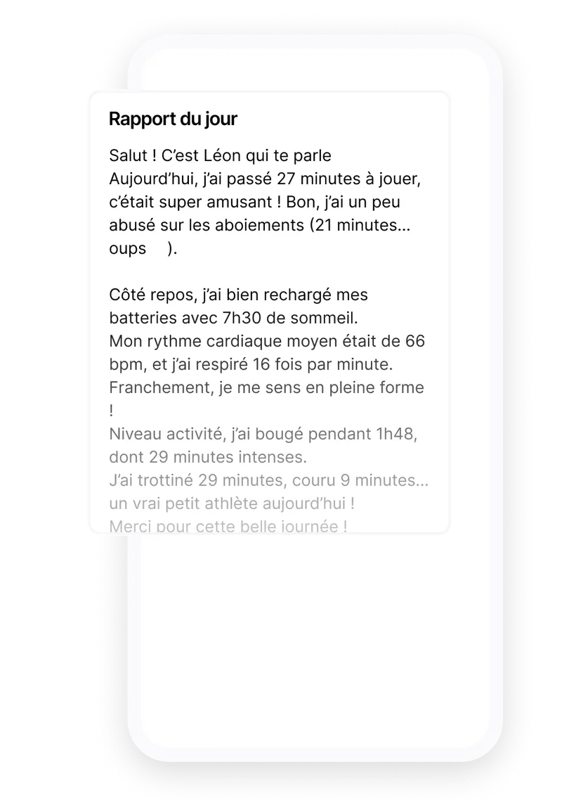 Capture d’écran du rapport quotidien de l’application Biotracker pour chien : un résumé rédigé par IA à la première personne, avec les jeux, le sommeil, la fréquence cardiaque et l’activité du chien.