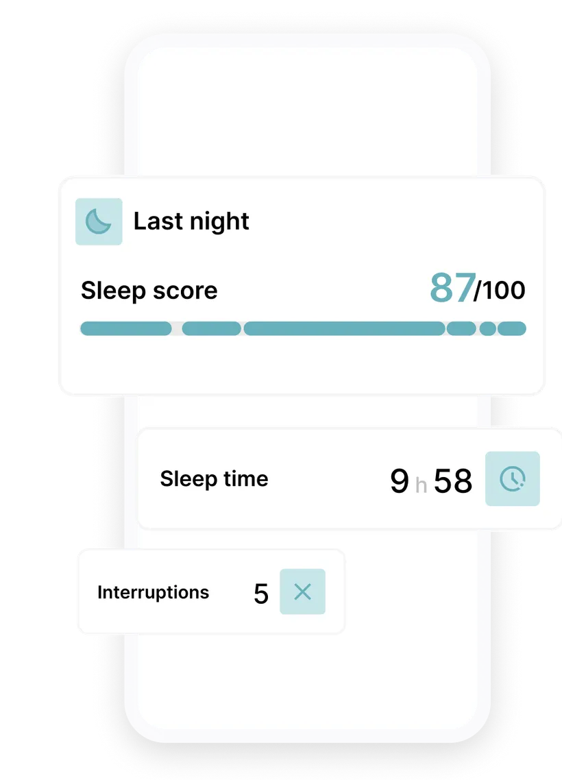 Screenshot of the Biotracker sleep tracking app for dogs: last night's sleep score of 87/100, nearly 10 hours of sleep and 5 interruptions.