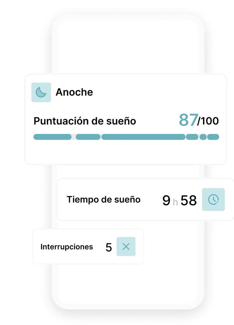 Captura de pantalla de la app de seguimiento del sueño del Biotracker para perros: puntuación de sueño de 87/100, casi 10 horas de sueño y 5 interrupciones anoche.