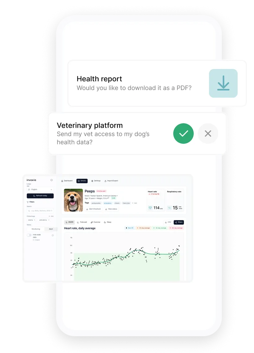 Screenshot of veterinary monitoring in the Invoxia Biotracker app for dogs: a health report to download as a PDF, and heart rate history on the vet platform.