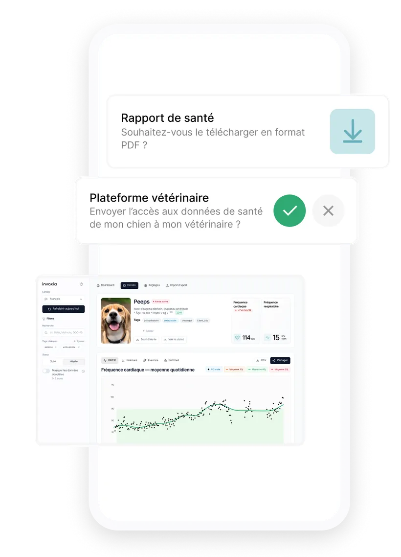 Capture d’écran du suivi vétérinaire de l’application Invoxia Biotracker pour chien : rapport de santé à télécharger en PDF et historique de fréquence cardiaque sur la plateforme vétérinaire.