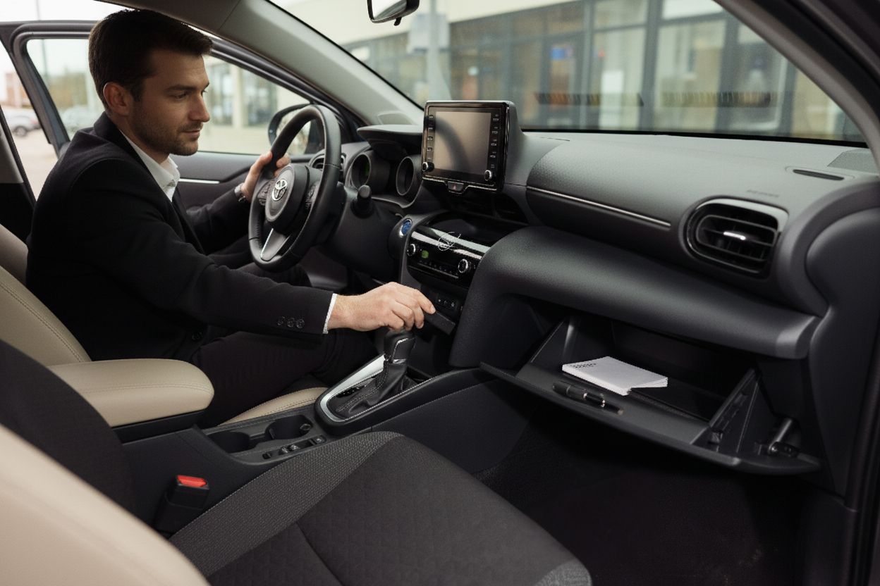 Person befestigt GPS-Tracker im Auto als Ergänzung zur mechanischen Sicherung