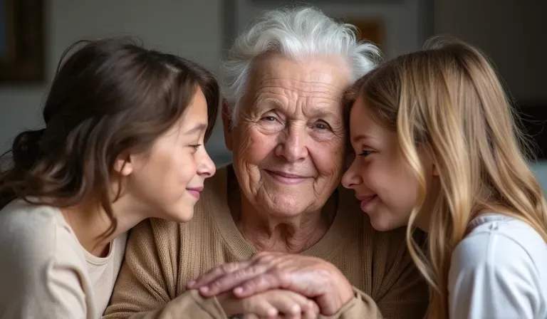 Elderly person protected by a GPS tracker surrounded by loved ones