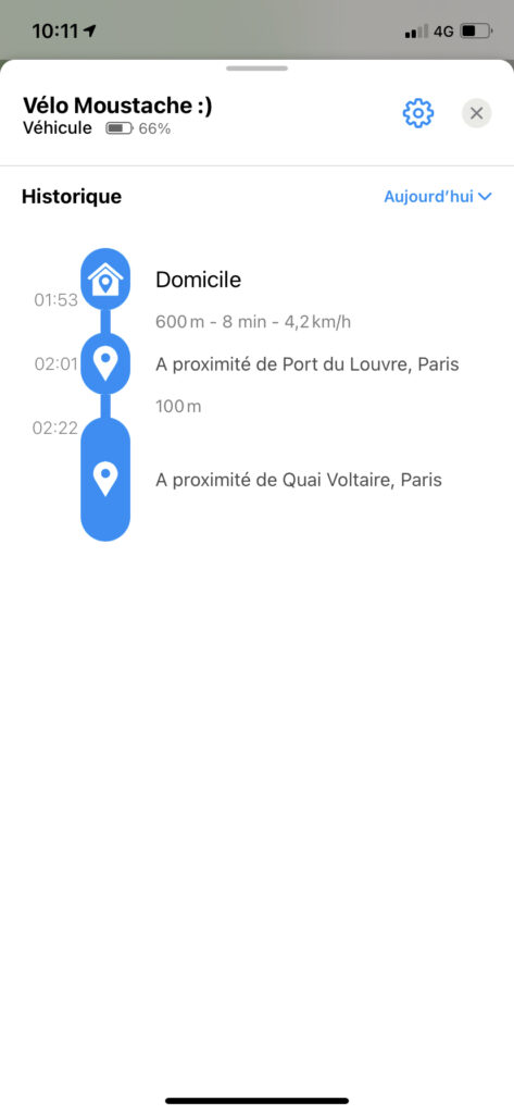 Image 3: Screenshot der Invoxia GPS-App mit der Reisehistorie.