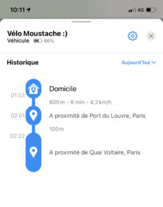 Image 1: Screenshot of Invoxia GPS App showing journey history. 