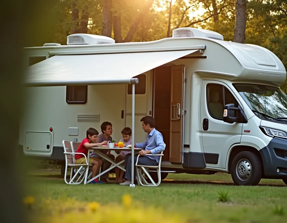Familia disfrutando junto a su autocaravana, protegida con un tracker GPS Invoxia