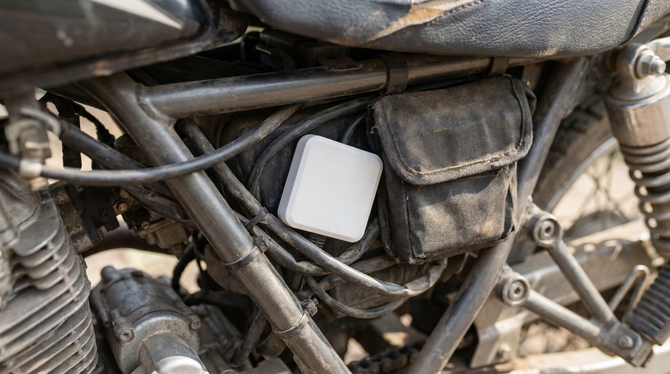 Invoxia GPS tracker hidden under a motorcycle seat to locate it after a theft