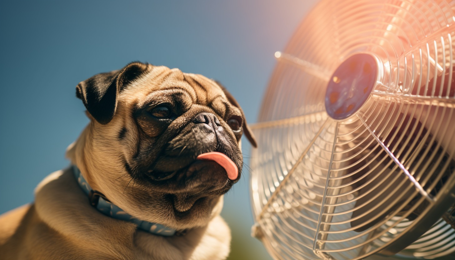 A pug next to a fan