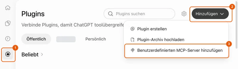 Seite Plugins von ChatGPT, Menü Benutzerdefinierten MCP-Server hinzufügen