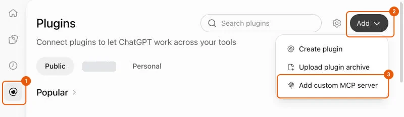 ChatGPT Plugins page, Add custom MCP server menu
