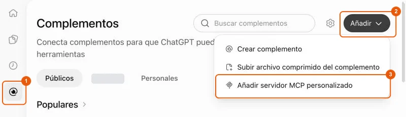 Página Complementos de ChatGPT, menú Añadir servidor MCP personalizado