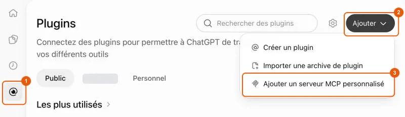 Page Plugins de ChatGPT, menu Ajouter un serveur MCP personnalisé