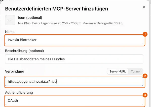 Formular zum Hinzufügen des MCP-Servers Invoxia Biotracker in ChatGPT