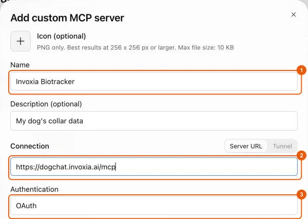 Form for adding the Invoxia Biotracker MCP server in ChatGPT