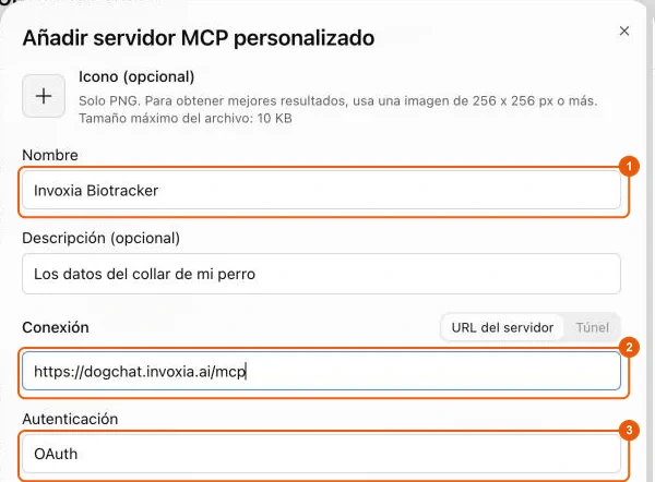Formulario para añadir el servidor MCP Invoxia Biotracker en ChatGPT