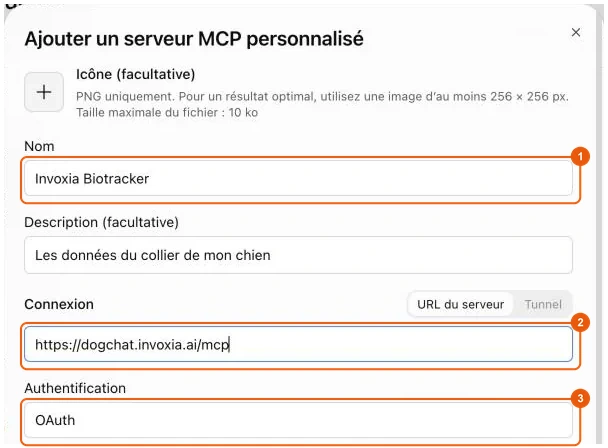 Formulaire d&rsquo;ajout du serveur MCP Invoxia Biotracker dans ChatGPT