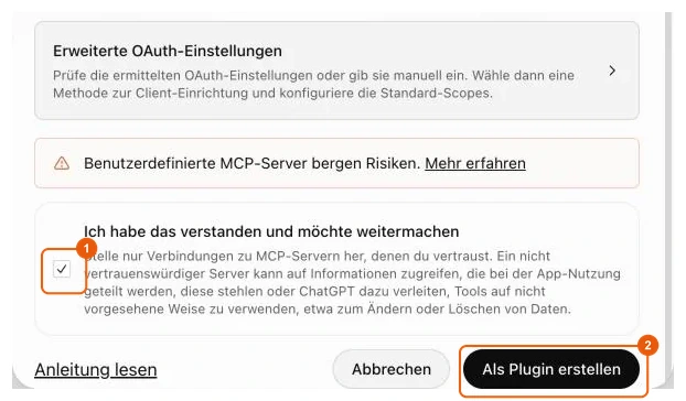 Warnung und Schaltfläche Als Plugin erstellen in ChatGPT