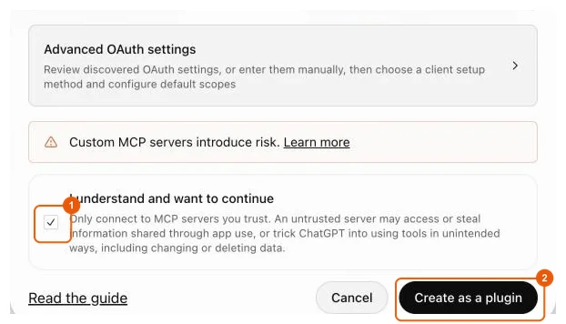 Warning and Create as a plugin button in ChatGPT