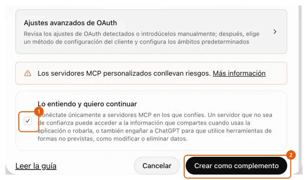 Aviso y botón Crear como complemento en ChatGPT
