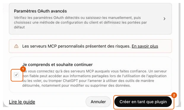 Avertissement et bouton Créer en tant que plugin dans ChatGPT