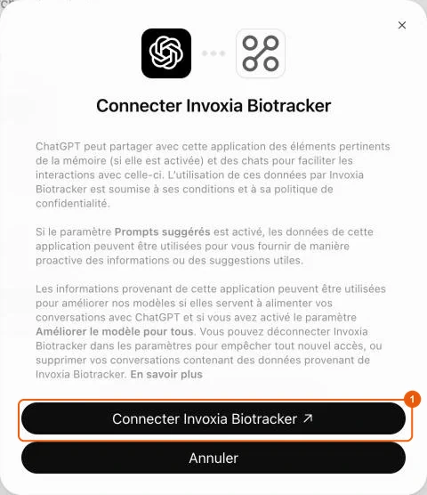 Fenêtre Connecter Invoxia Biotracker dans ChatGPT