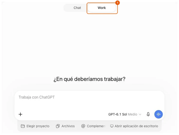 Cambio entre los modos Chat y Work en ChatGPT