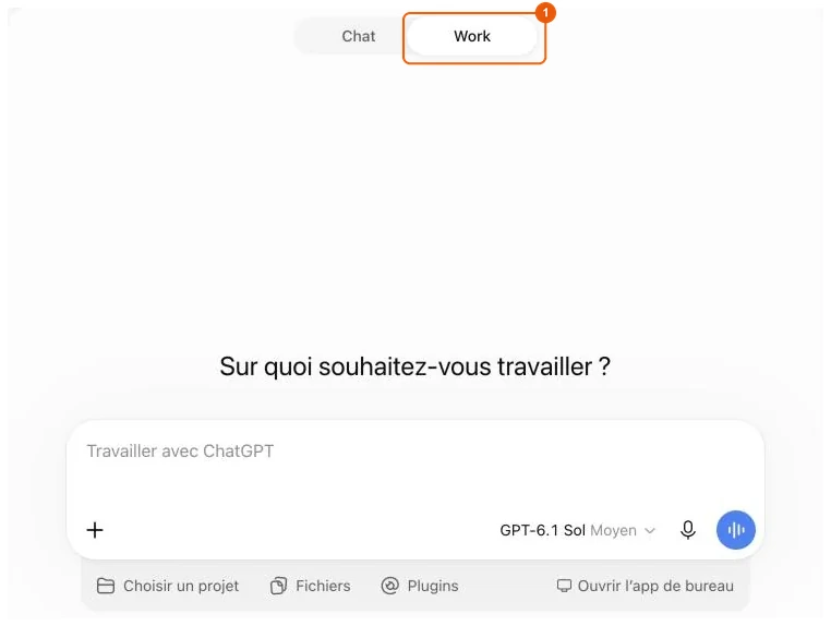 Bascule entre les modes Chat et Work dans ChatGPT
