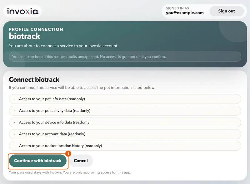 biotrack-Autorisierungsseite im Invoxia-Konto
