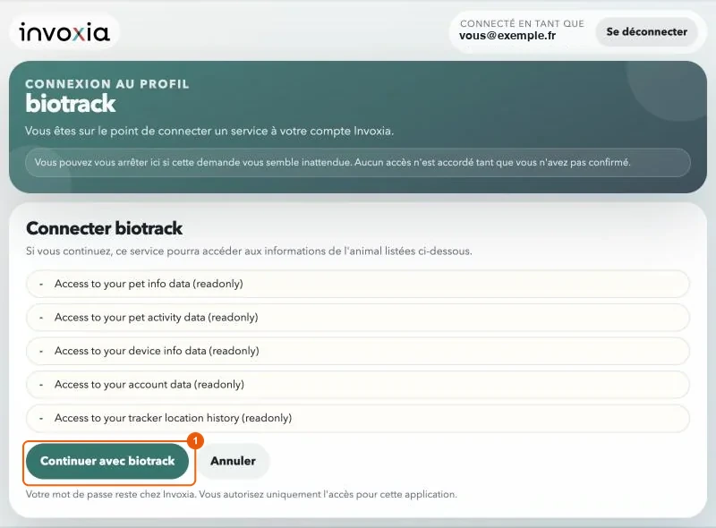 Page d&rsquo;autorisation biotrack sur le compte Invoxia