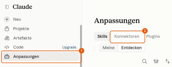 Menü Anpassungen von Claude, Reiter Konnektoren
