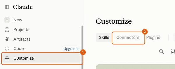 Claude&rsquo;s Customize menu, Connectors tab