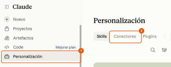 Menú Personalización de Claude, pestaña Conectores