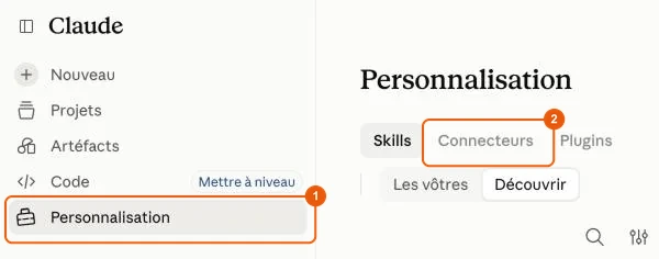Menu Personnalisation de Claude, onglet Connecteurs