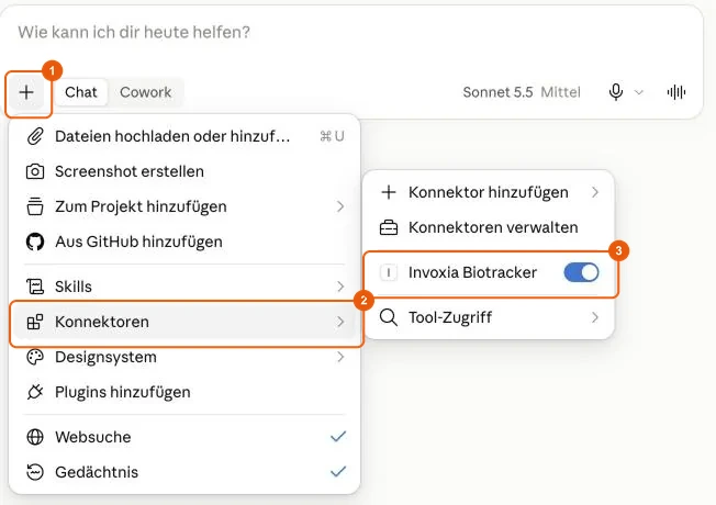 Invoxia Biotracker im Menü Konnektoren einer Claude-Unterhaltung aktivieren