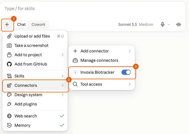 Turning on Invoxia Biotracker in the Connectors menu of a Claude conversation