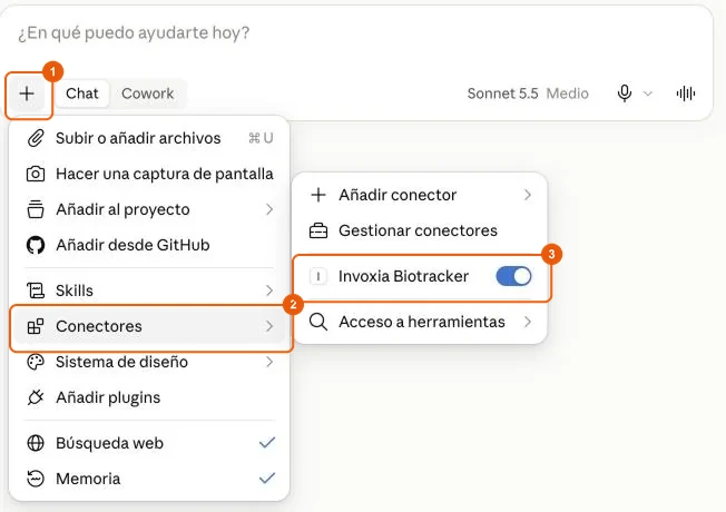 Activar Invoxia Biotracker en el menú Conectores de una conversación de Claude