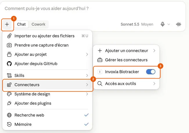 Activer Invoxia Biotracker dans le menu Connecteurs d&rsquo;une conversation Claude