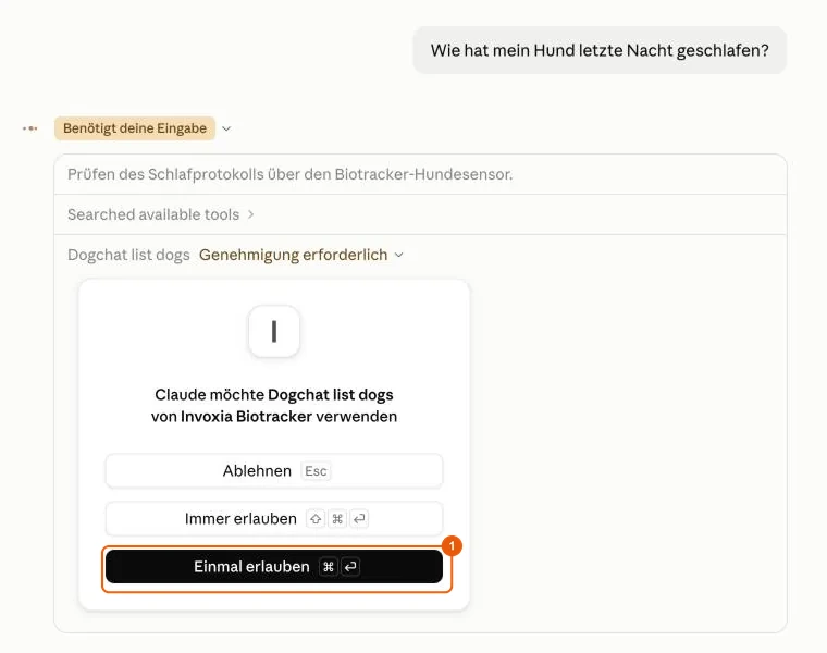 Claude bittet um Erlaubnis, ein Tool von Invoxia Biotracker zu verwenden