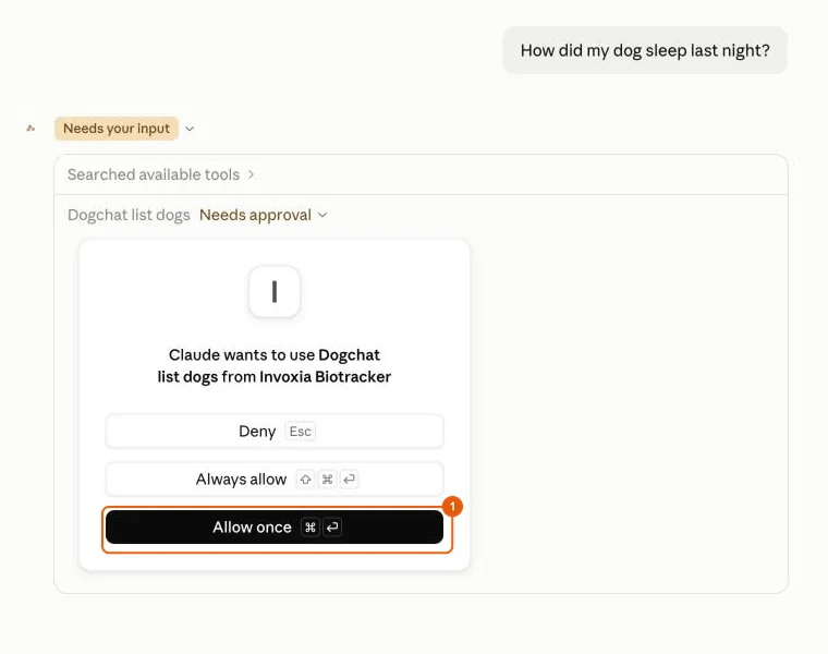 Claude asks permission to use an Invoxia Biotracker tool