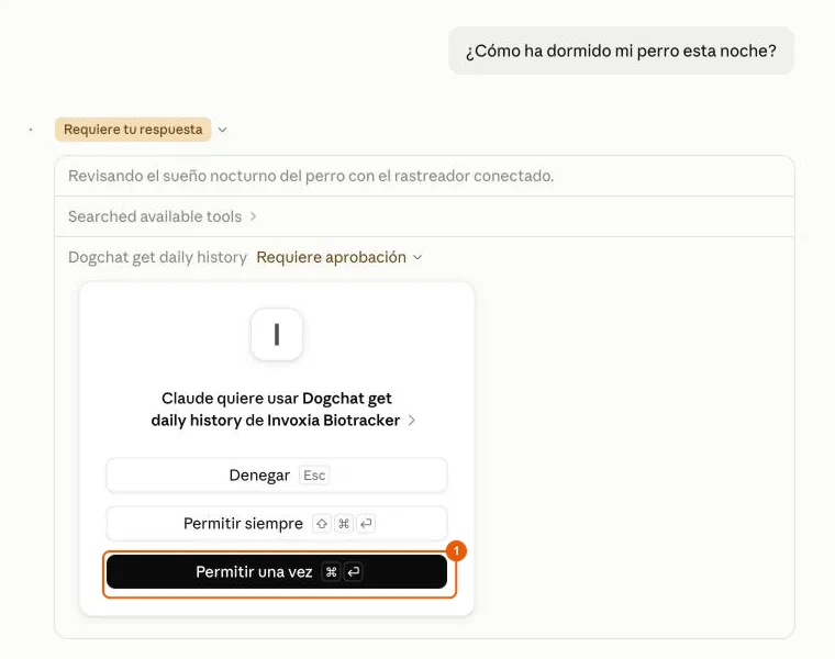 Claude pide permiso para usar una herramienta de Invoxia Biotracker
