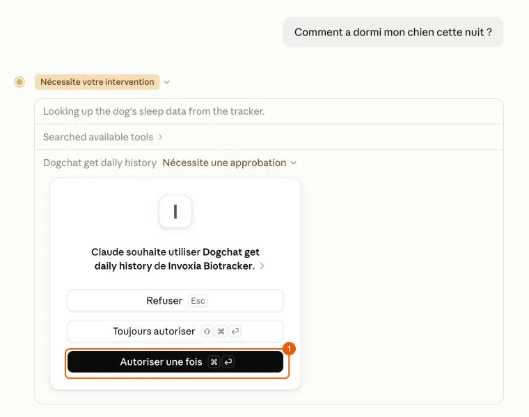 Claude demande l&rsquo;autorisation d&rsquo;utiliser un outil Invoxia Biotracker