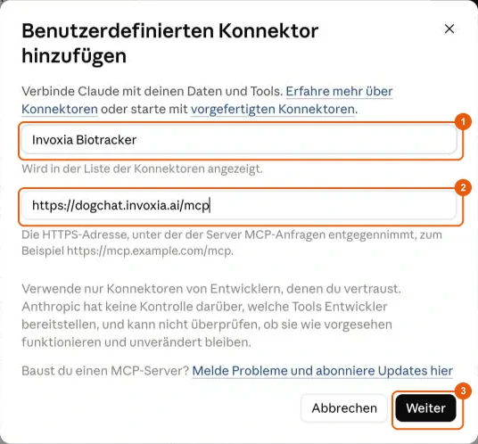 Formular zum Hinzufügen des Konnektors Invoxia Biotracker in Claude