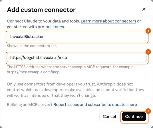 Form for adding the Invoxia Biotracker connector in Claude