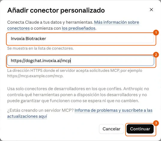 Formulario para añadir el conector Invoxia Biotracker en Claude