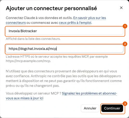 Formulaire d&rsquo;ajout du connecteur Invoxia Biotracker dans Claude