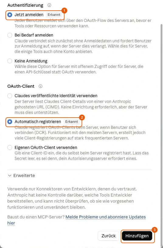 Authentifizierungseinstellungen des Konnektors Invoxia Biotracker in Claude