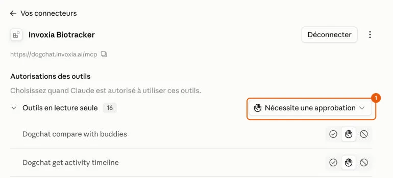 Connecteur Invoxia Biotracker connecté dans Claude, avec ses outils en lecture seule